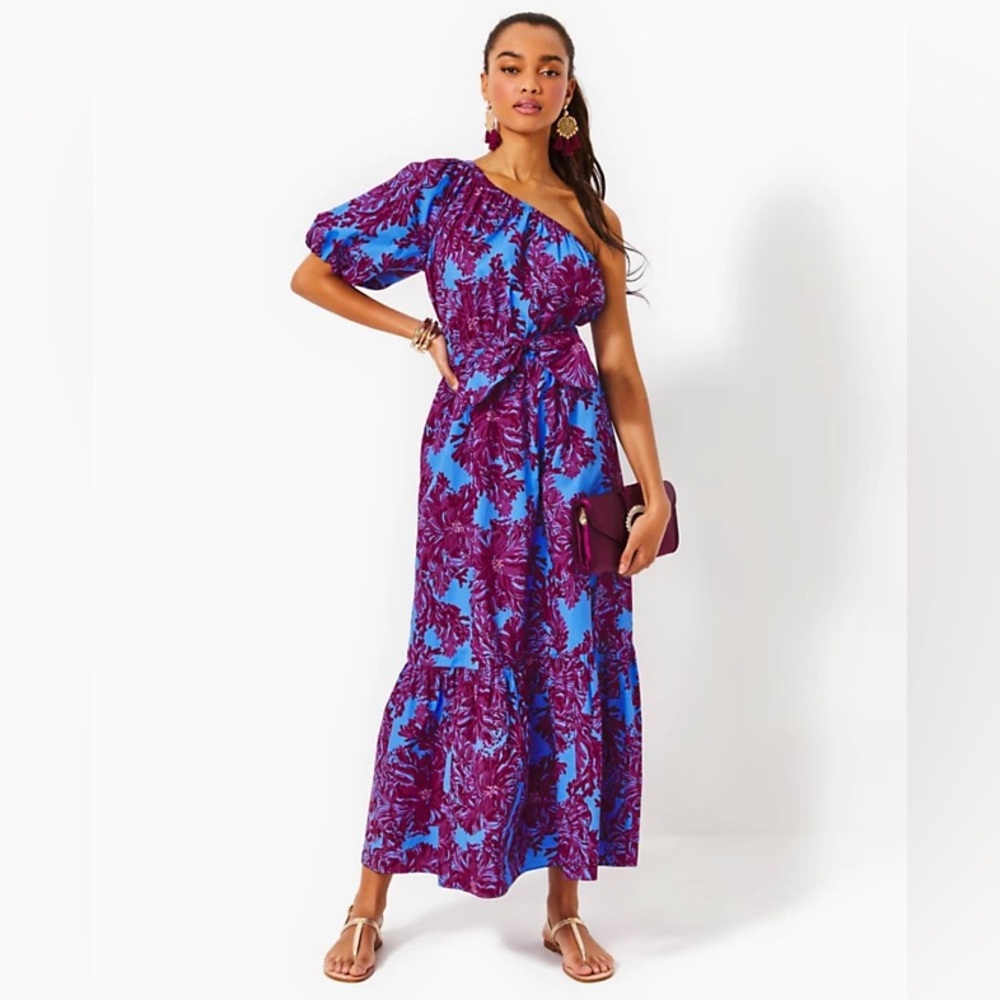 Lilly Pulitzer Zelalynn One Shoulder Maxi Dress in “Feel Like A Shellebrity”